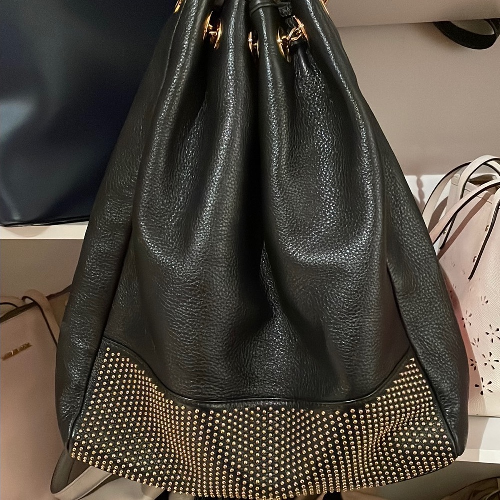 Badgley Mischka Black leather with Gold embellishments large tote bag
